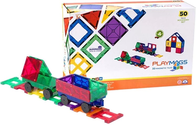 Set lodrash magnetike Playmags 3D Train, 50 pjesë, shumëngjyrëshe