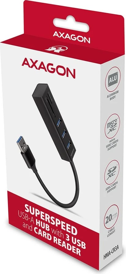 Hub multiport AXAGON HMA-CR3A, 3x USB-A, SD/microSD, USB 3.2 Gen 1, metal, 20cm, i zi