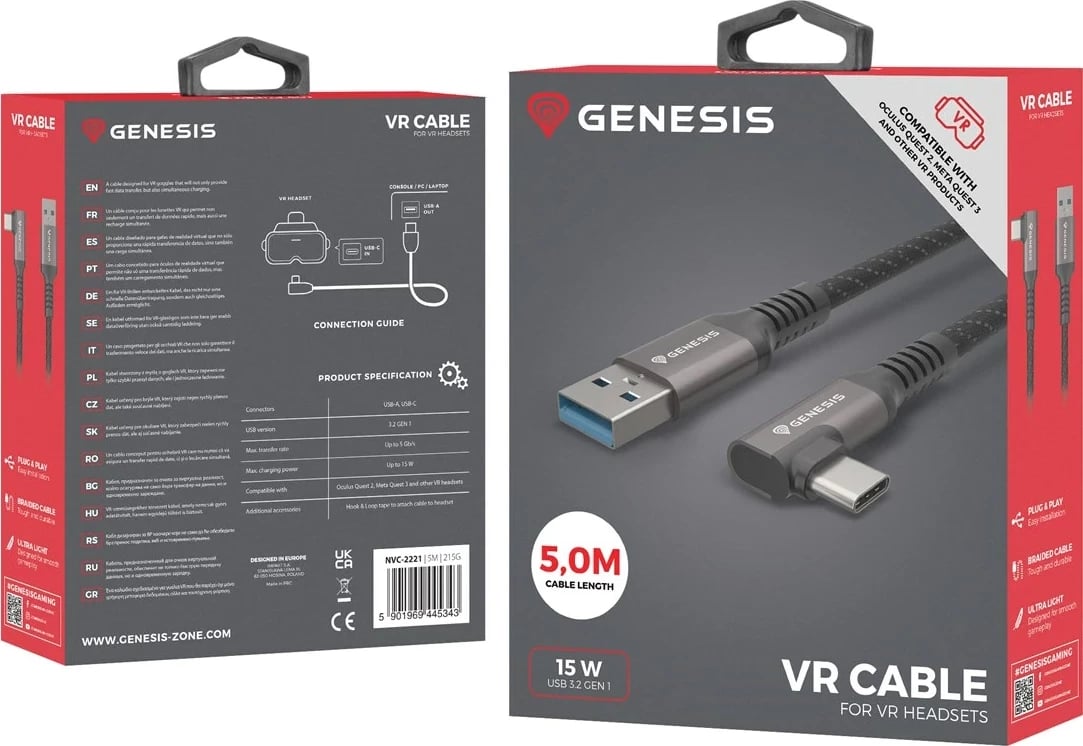 Kabllo USB GENESIS NVC-2221, 5m, USB A në USB C, e zezë/gri