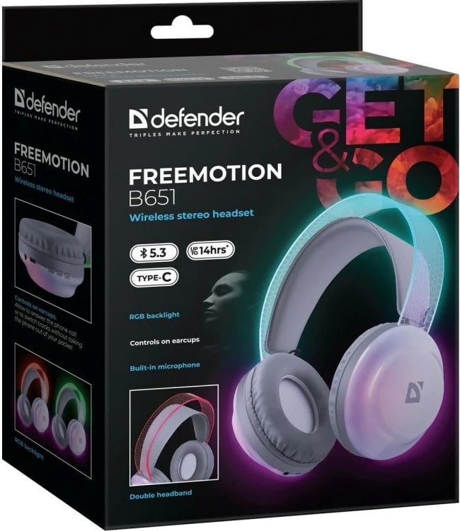 Kufje pa tela Defender FreeMotion B651, me drita LED, Gri