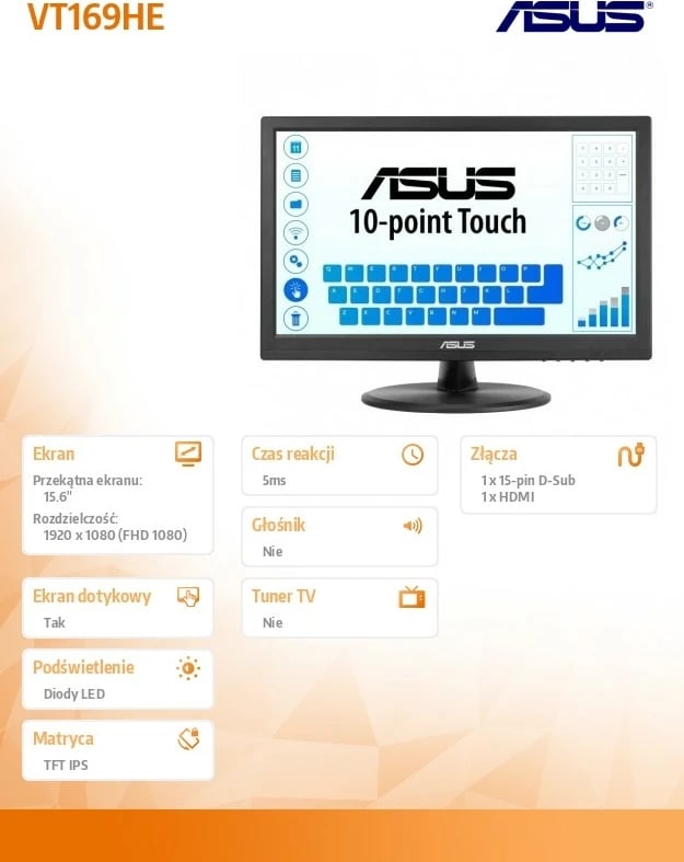 Monitor ASUS VT169HE Touch, 15.6", IPS, FHD, i zi