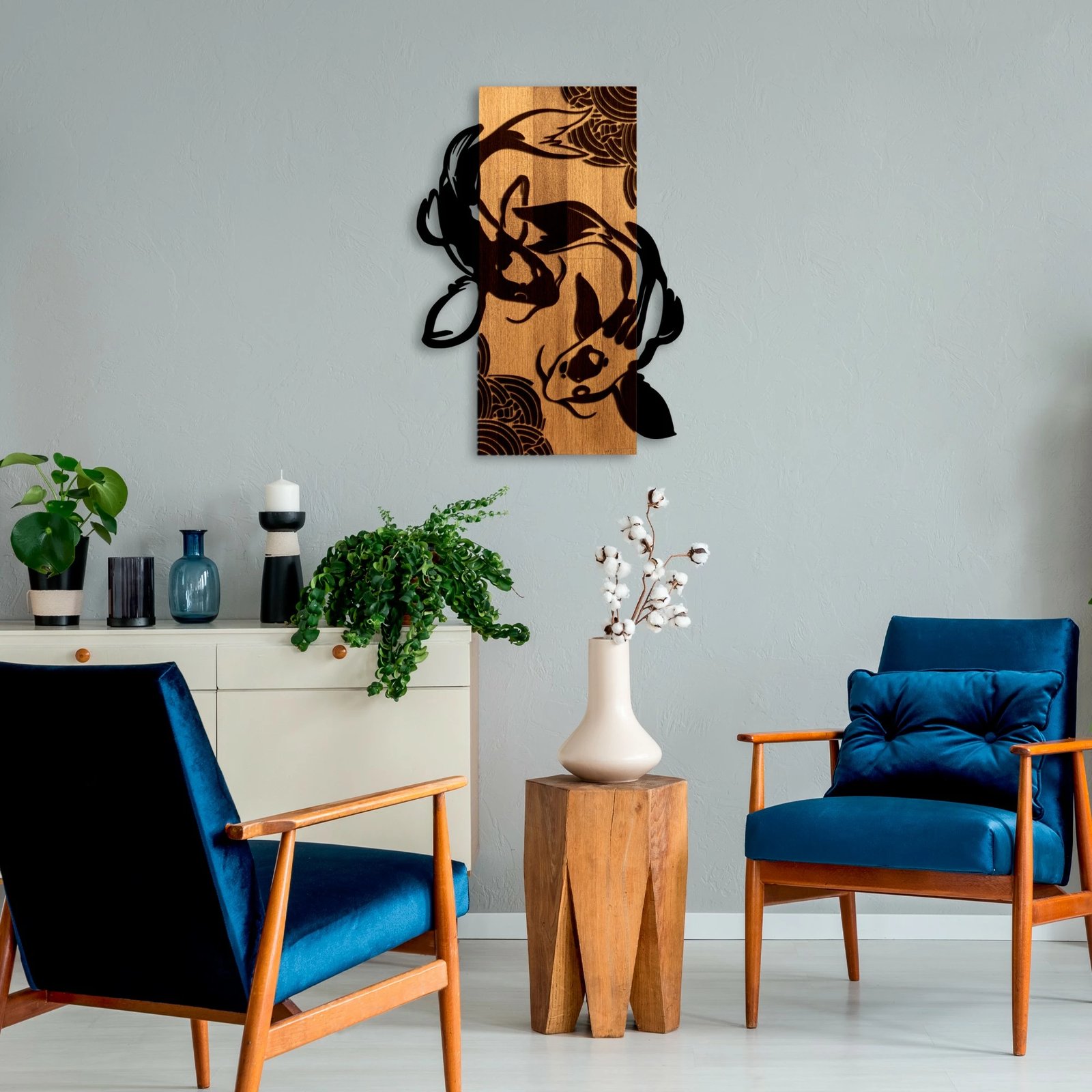 Aksesor dekorativ për mur, dru dhe metal, Wallity, Fish Yang, ngjyrë arre dhe e zezë