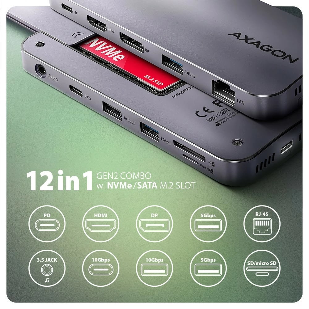 Kasë multiport AXAGON HMC-12GM2 12in1 me slot M.2 NVMe/SATA, 10Gbps, 3x USB-A, USB-C, HDMI 4K/60Hz, DP 4K/60Hz, GLAN, SD/microSD, audio, PD 100W, 50cm, Gri