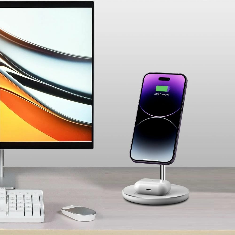 Karikues induktiv 2-në-1 Tech-Protect QI15W-A21 me MagSafe, 15W, për smartphone dhe kufje, Bardhë