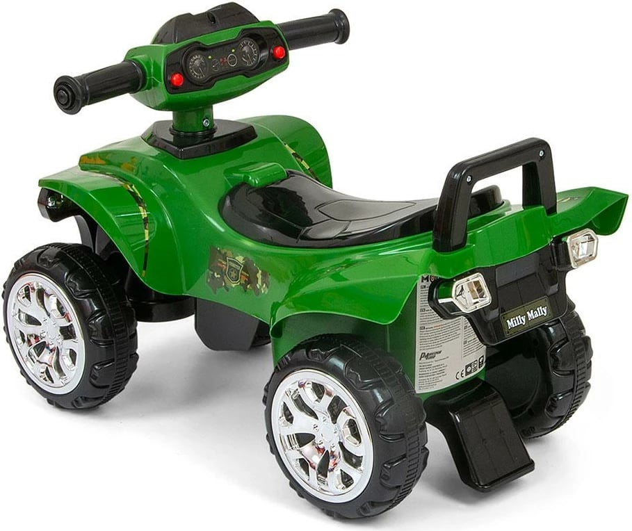 Katër-rrotësh lodër për fëmijë Milly Mally Monster Military me timon interaktiv dhe tinguj, nga 12m+, ngarkesë 25 kg, jeshile