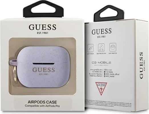 Mbështjellës Guess GUAPSGGEU për AirPods Pro, silikon me shkëlqim, vjollcë
