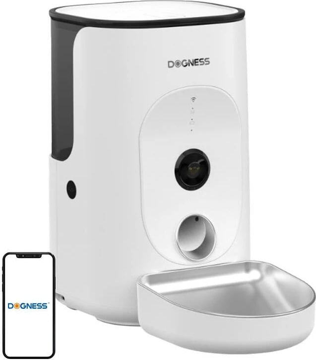 Shpërndarës ushqimi smart Dogness F15 me WiFi, 4L, kamerë HD, enë inoksi, Bardhë
