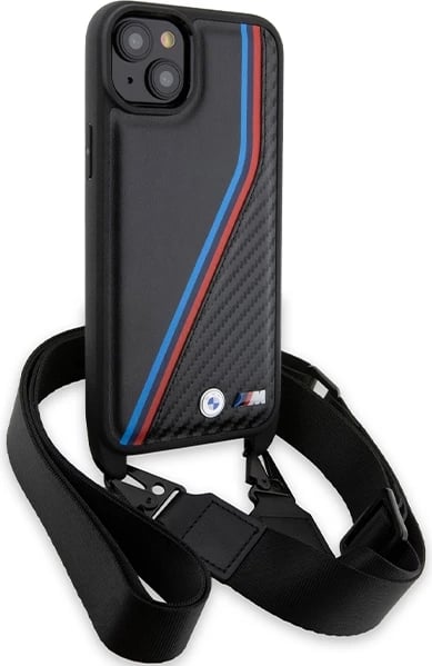 Mbështjellës BMW M Edition Carbon Tricolor Lines & Strap për iPhone 15 Plus / 14 Plus, i zi