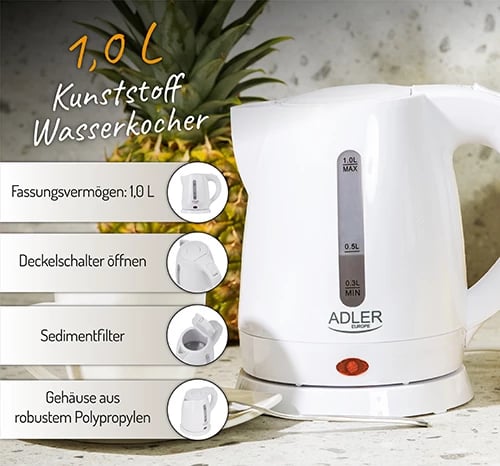 Çajnik elektrik, Adler AD 1272, 1.0 L, 1350–1600W, plastikë, i bardhë