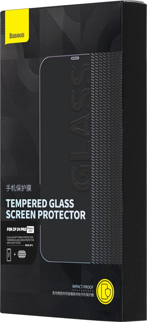 Mbështjellës xhami i temperuar Baseus për iPhone 14 Pro, 0.3mm, Anti Spy, Transparent, me kornizë montimi
