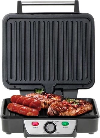 Grill elektrik kontakt 2-në-1, Mesko MS 3050, 2500W max, pllaka 28x23 cm, hapje 180°, kontroll temperature, veshje jo‑ngjitëse, me tabakë piku dhe spatulë