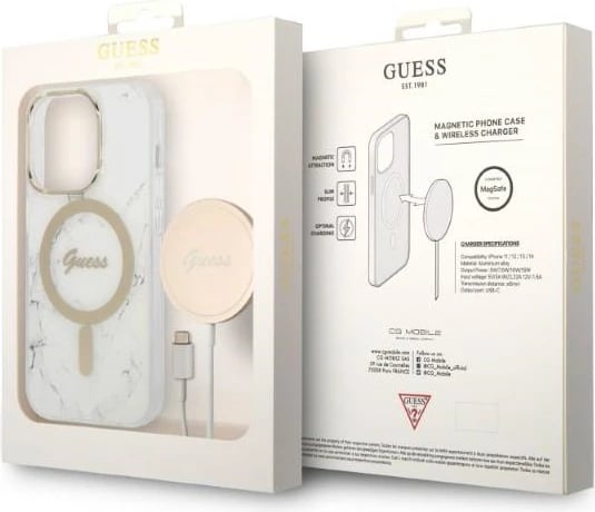 Mbështjellës Guess Marble me MagSafe dhe karikues wireless, për iPhone 14 Pro 6.1", Bardhë