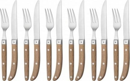 Set thikash dhe pirunësh bifteku WMF 1280636046, 12 copë, ngjyrë kafe dhe metalike