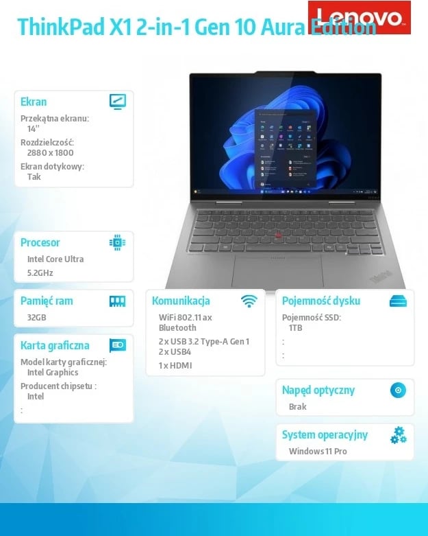 Ultrabook Lenovo ThinkPad X1 2-in-1 Gen 10 Aura Edition, Intel Core Ultra 7 255U, 32 GB RAM, 1 TB SSD, 14" 2.8K Touch, Gri Ultrabook Lenovo ThinkPad X1 2-in-1 Gen 10 Aura Edition, Intel Core Ultra 7 255U, 32 GB RAM, 1 TB SSD, 14" 2.8K Touch, Gri