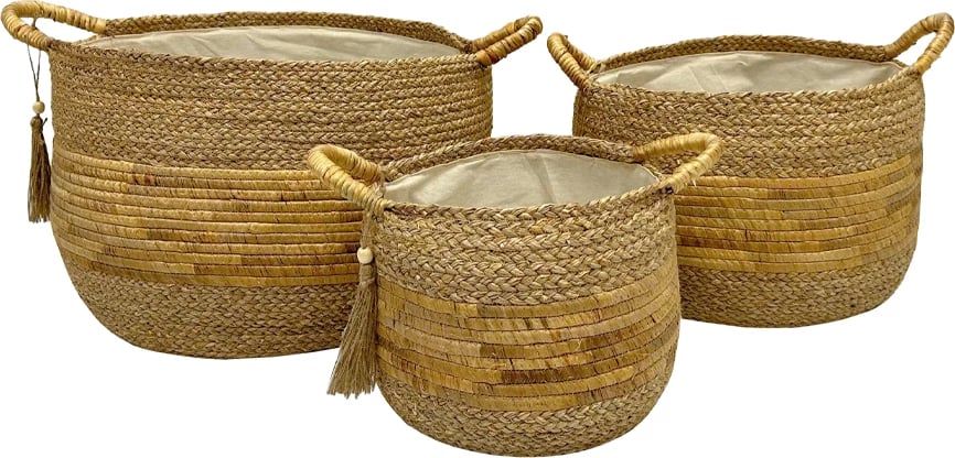 Set shporta STRAWSY, hiacint natyral, bezhë, 3 copë, 52x52x33cm