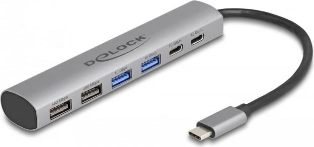USB hub DeLOCK 6 porta, alumini, USB 3.2 Gen 1, Type-A + Type-C, gri