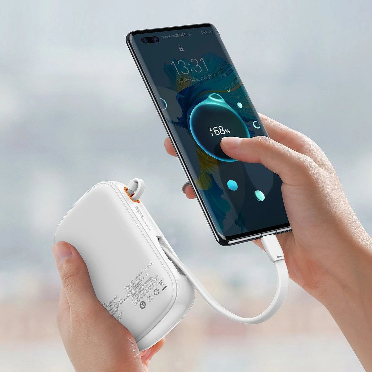 Powerbank Baseus Qpow, 20000mAh, 22.5W, me kabllo USB-C të integruar, Bardhë