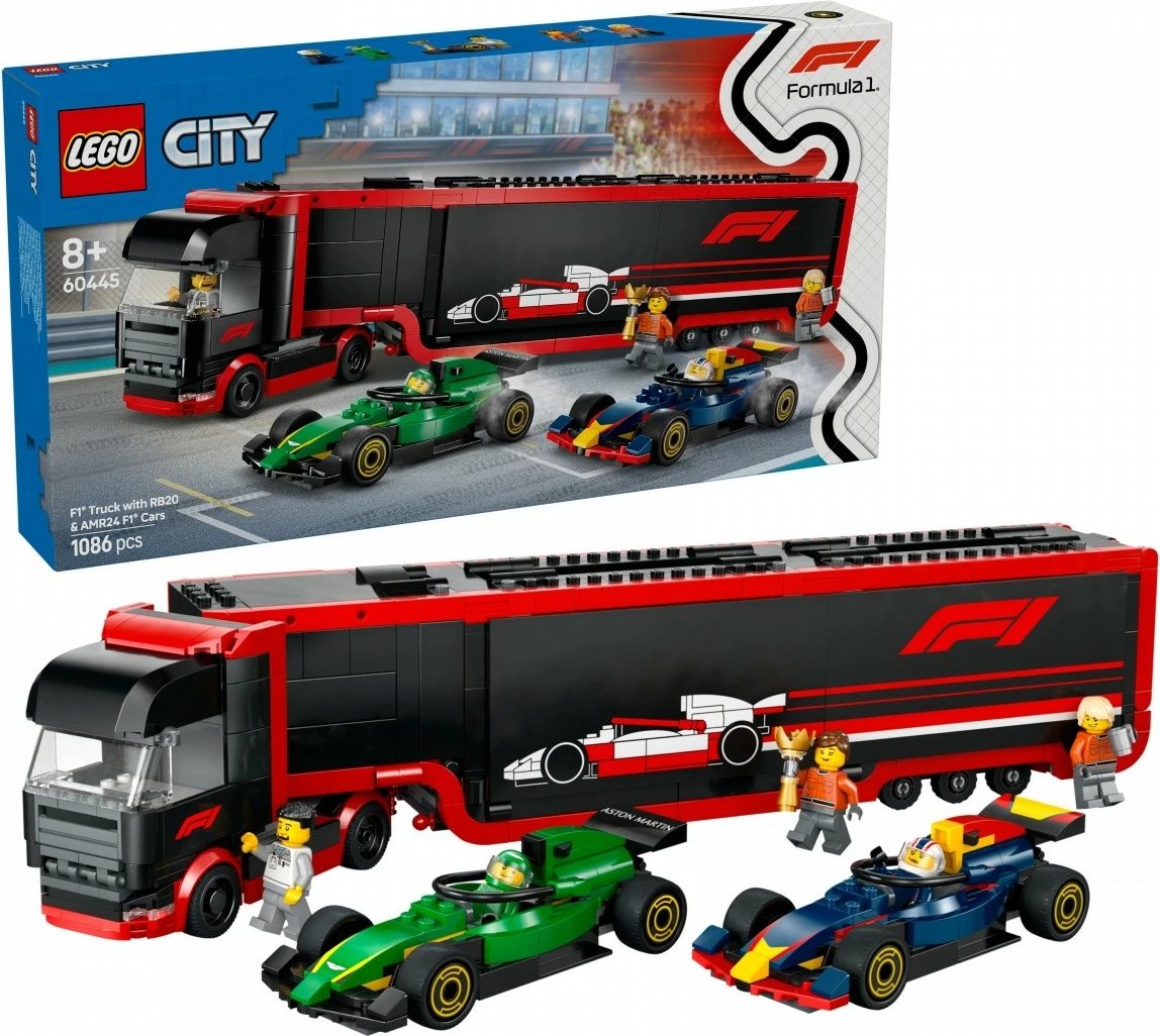 Set LEGO City 60445, F1 Truck me RB20 dhe AMR24 F1 Cars, 1086 pjesë