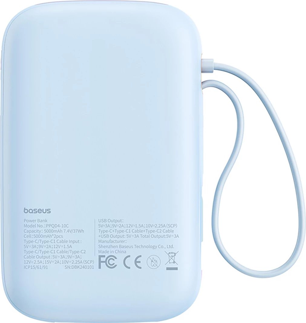 Powerbank Baseus QPow 2, 10000mAh, 30W, me kabllo USB-C të integruar, Kaltër