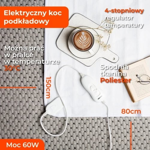 nën-batanije elektrike, Mesko, MS 7419, 150x80 cm për një person, 60W, 4 nivele, kabllo e shkëputshme dhe larje 30°C, mbrojtje nga mbinxehja, e bardhë