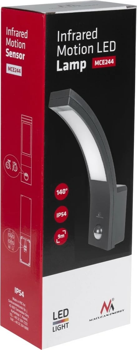 Llambë LED Maclean MCE244B me sensor lëvizjeje, 10W, 750lm, IP54, e zezë