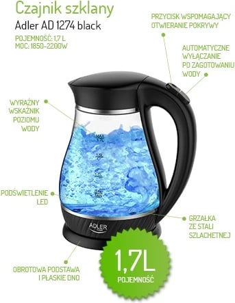 çajnik elektrik qelqi, Adler AD 1274, 1.7L, 2200W, ndriçim LED, i zi