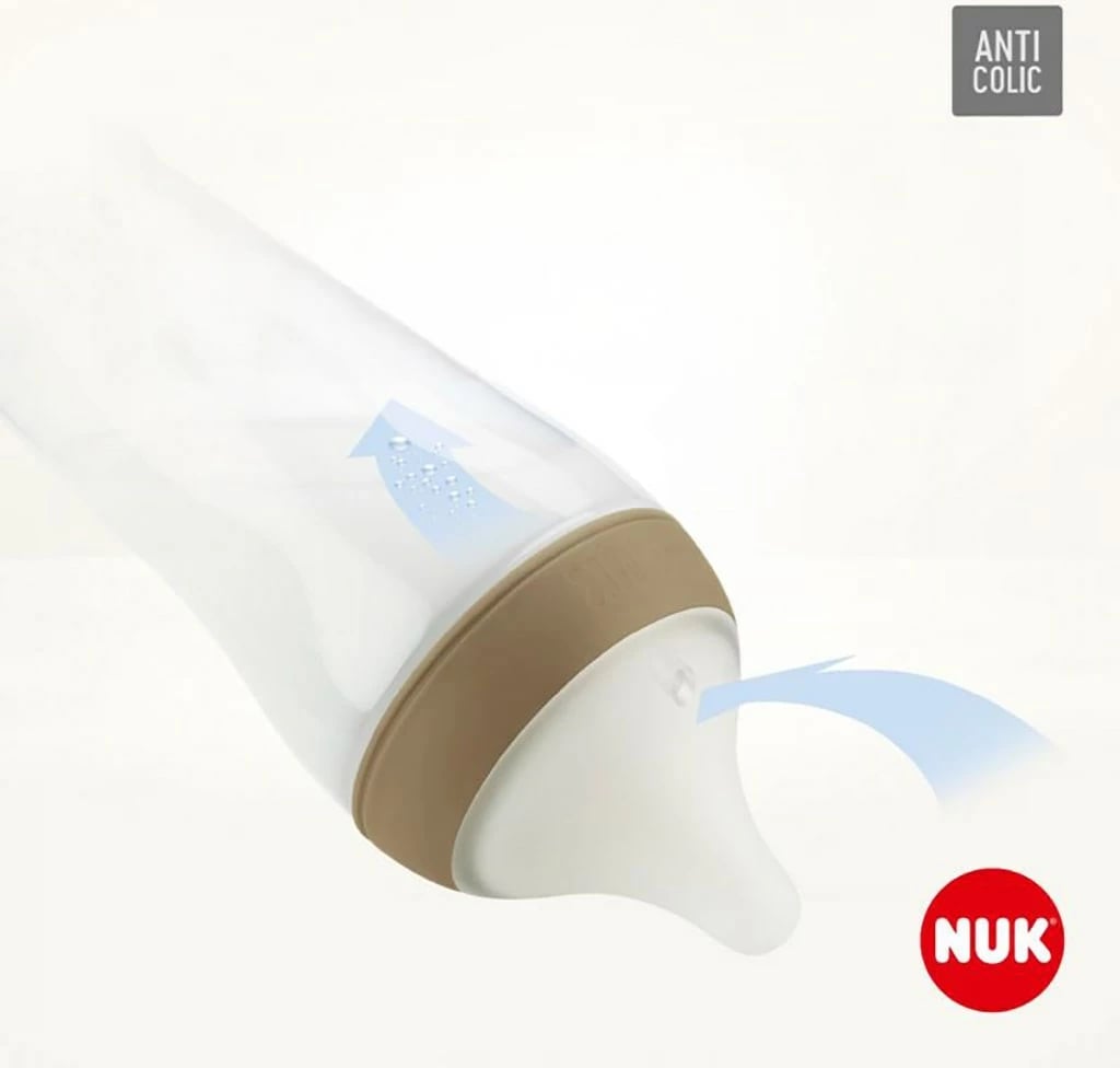 biberon qelqi NUK Perfect Match 230 ml, kontroll temperature, cicë silikoni e butë, sistem antikolik, madhësia M 3m+, bezhë