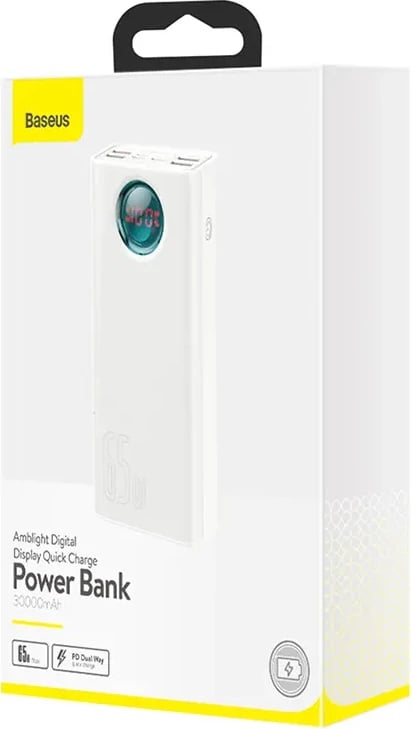 Powerbank Baseus Amblight 30000mAh, 65W, 4xUSB, USB-C, e bardhë
