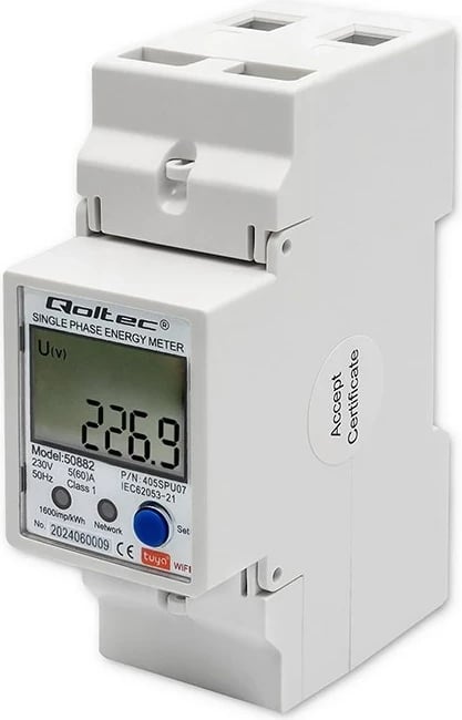 Matës energjie njëfazësh për DIN rail, Qoltec 50882, LCD, Wi-Fi, TUYA, 230V