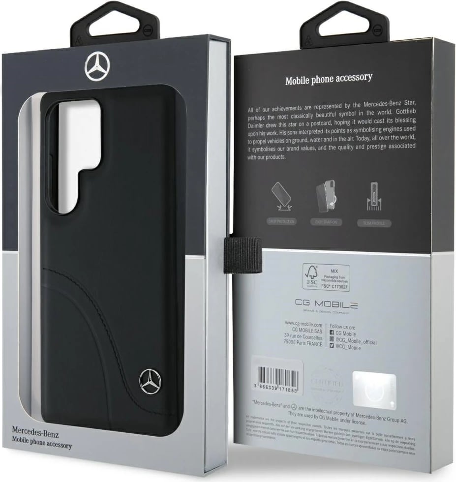 Mbështjellës Mercedes Leather Curved Stitches për Samsung Galaxy S25 Ultra, i zi