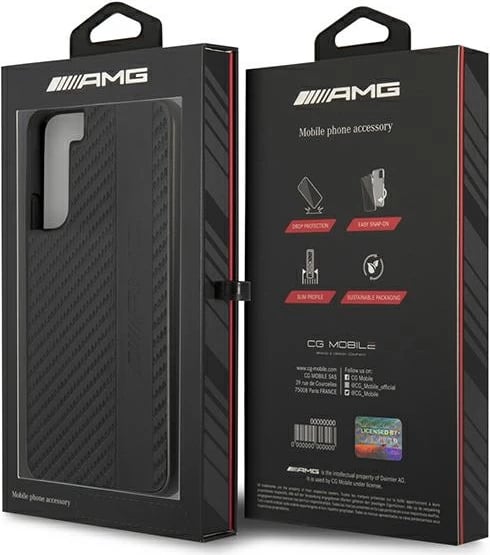 Mbështjellës Mercedes AMG AMHCS22MBLSCA për Samsung Galaxy S22+, hardcase Carbon Stripe&Embossed, i zi