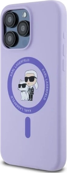 Mbështjellës silikoni Karl Lagerfeld Karl&Choupette Heads me MagSafe për iPhone 15 Pro Max, vjollcë