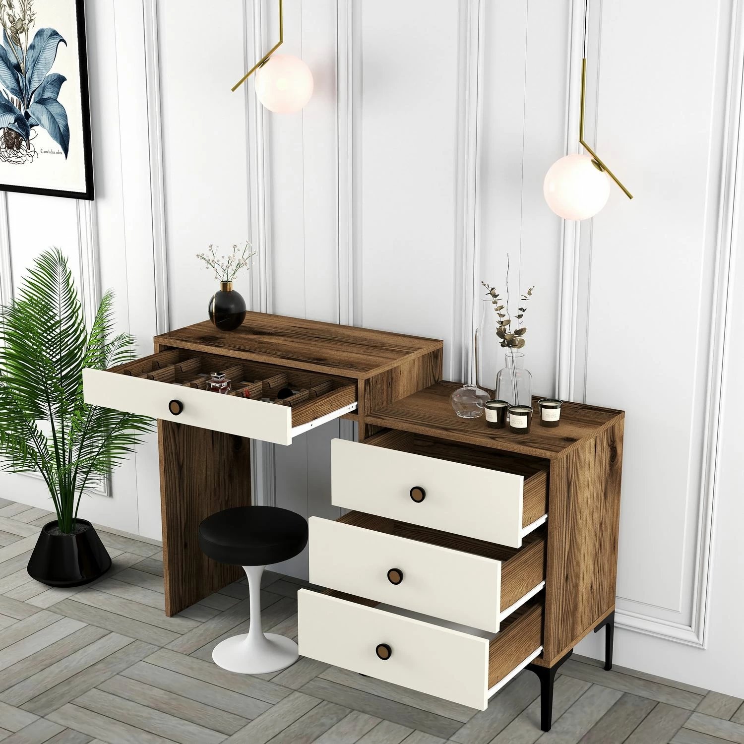 Tavolinë grimimi Hanah Home, Lizbon 554, ngjyrë arre dhe krem