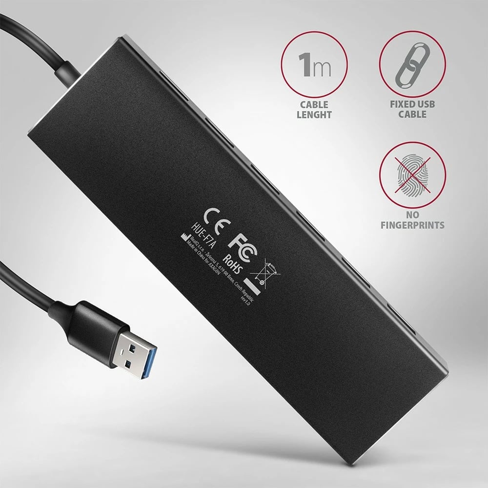 Hub USB AXAGON HUE-F7A, 7 porta, USB 3.2 Gen 1, alumini, 1m kabllo, i zi
