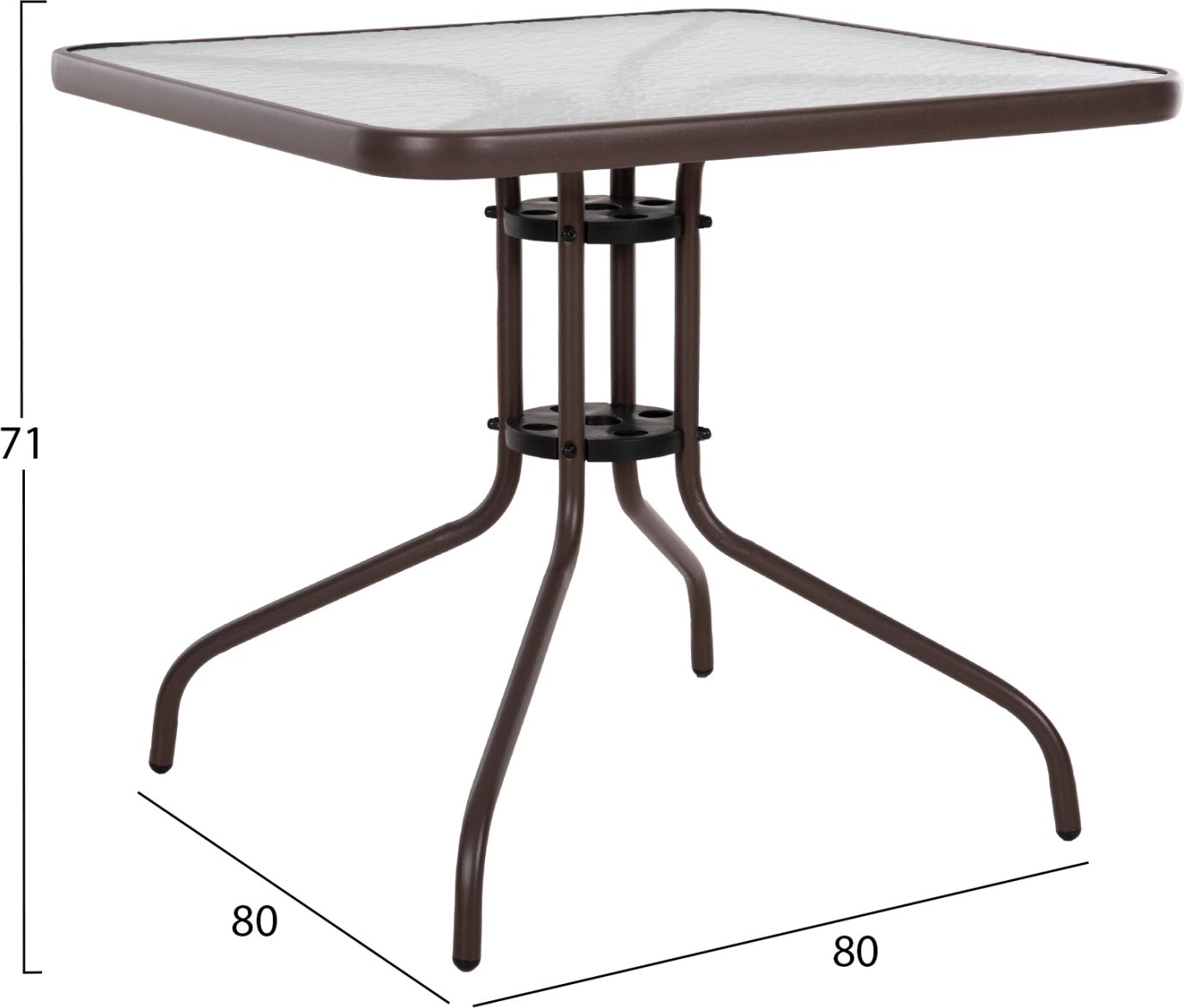 Tavolinë e jashtme katrore FIGO FH5972.02, ngjyrë kafe, metal-xham, 80x80x71 cm