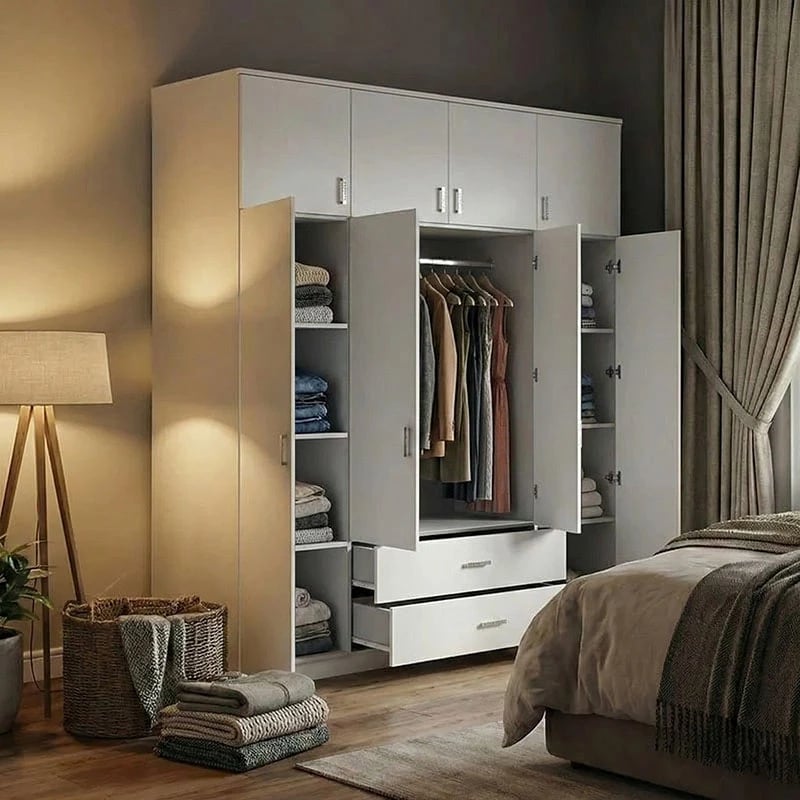 Dollap Royal me katër dyer, sirtarë dhe pjesë e sipërme, ngjyrë e bardhë, 200x58x230cm