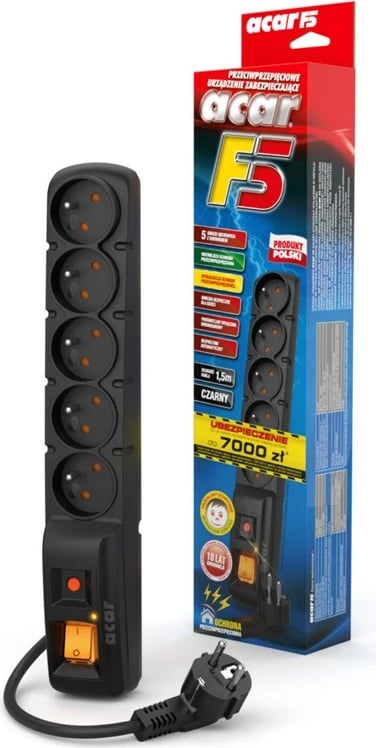 Shtrirës ACAR F5, 5 dalje AC, 230 V, 1.5 m, Zi
