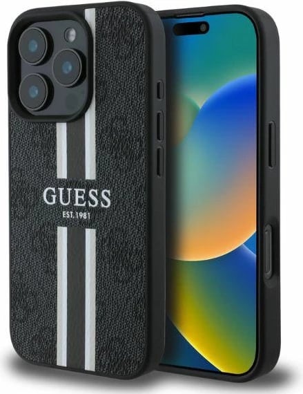 Mbështjellës Guess 4G Printed Stripes MagSafe për iPhone 16 Pro Max, i zi