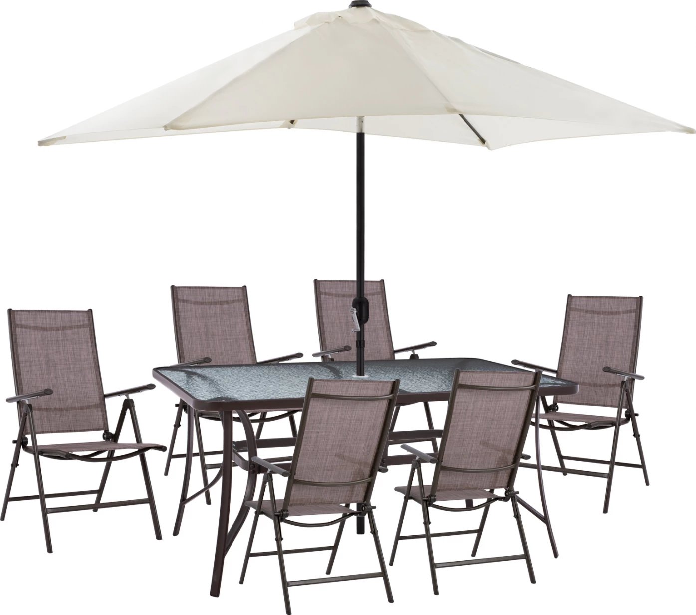 Set për terasë 8 pjesë tavolinë me ombrellë bezhë dhe karrige të palosshme kafe FH11491