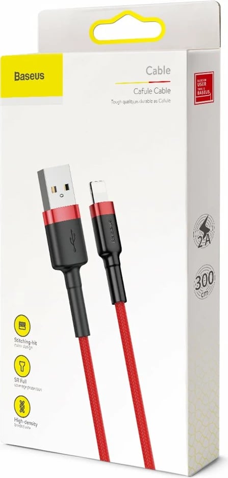 Kabllo Baseus Cafule CALKLF-R09 USB-A në Lightning, 3m, e kuqe