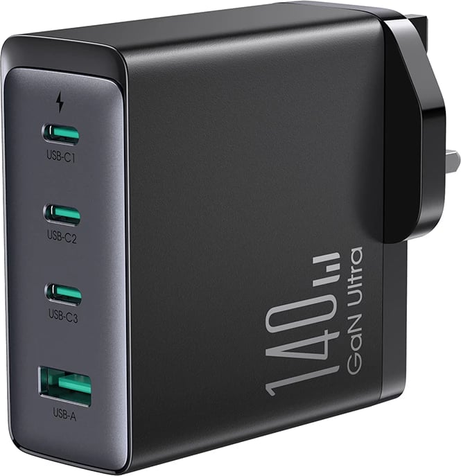 Karikues mur Joyroom JR-TCG05UK GaN, 140W, 3x USB-C, 1x USB-A, me kabllo USB-C/USB-C 240W 1.2m, i zi