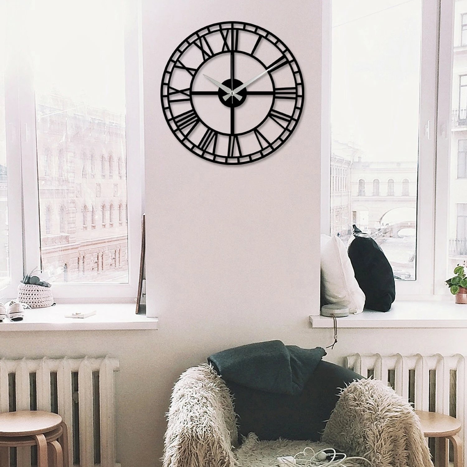 Orë muri dekorative metalike, Wallity Enzoclock - S002, e zezë, 48x48cm