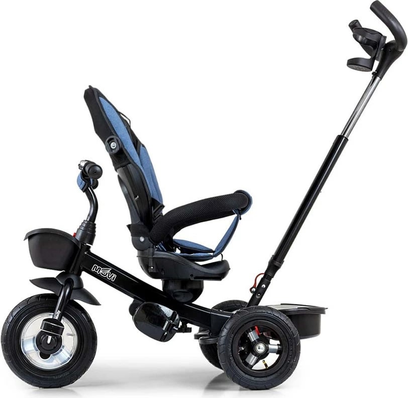 Tricikël me dorezë shtytëse, Milly Mally Movi, sedilje 360°, rrota të fryra, rripa 3‑pikësh, blu