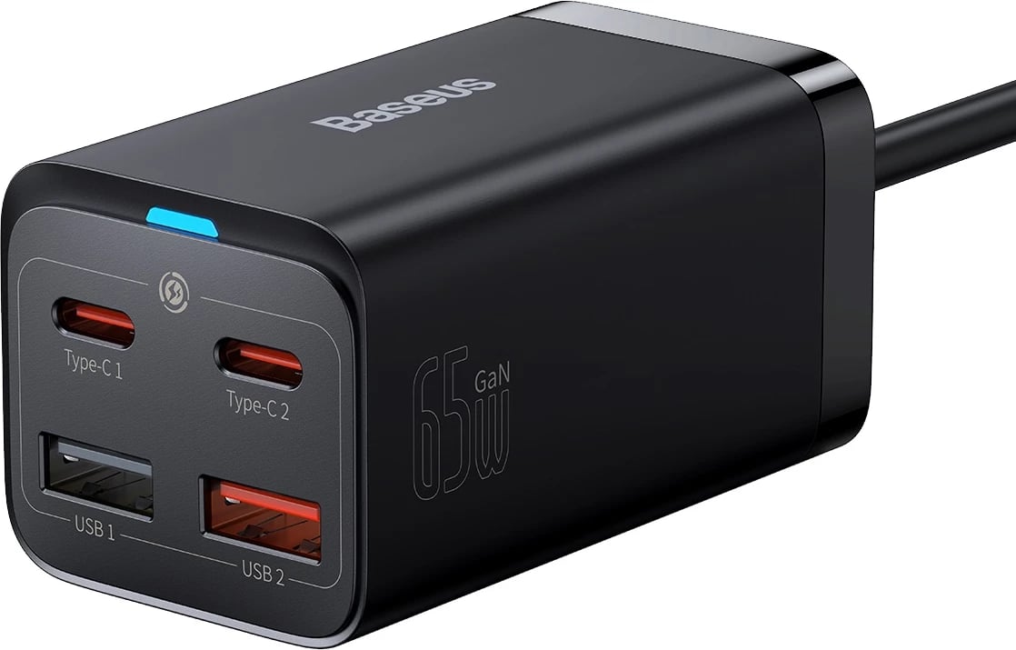 Karikues i shpejtë Baseus GaN3 Pro 65W, 2x USB Type-C, 2x USB, me kabllo USB-C 1m, Zi Karikues i shpejtë Baseus GaN3 Pro 65W, 2x USB Type-C, 2x USB, me kabllo USB-C 1m, Zi