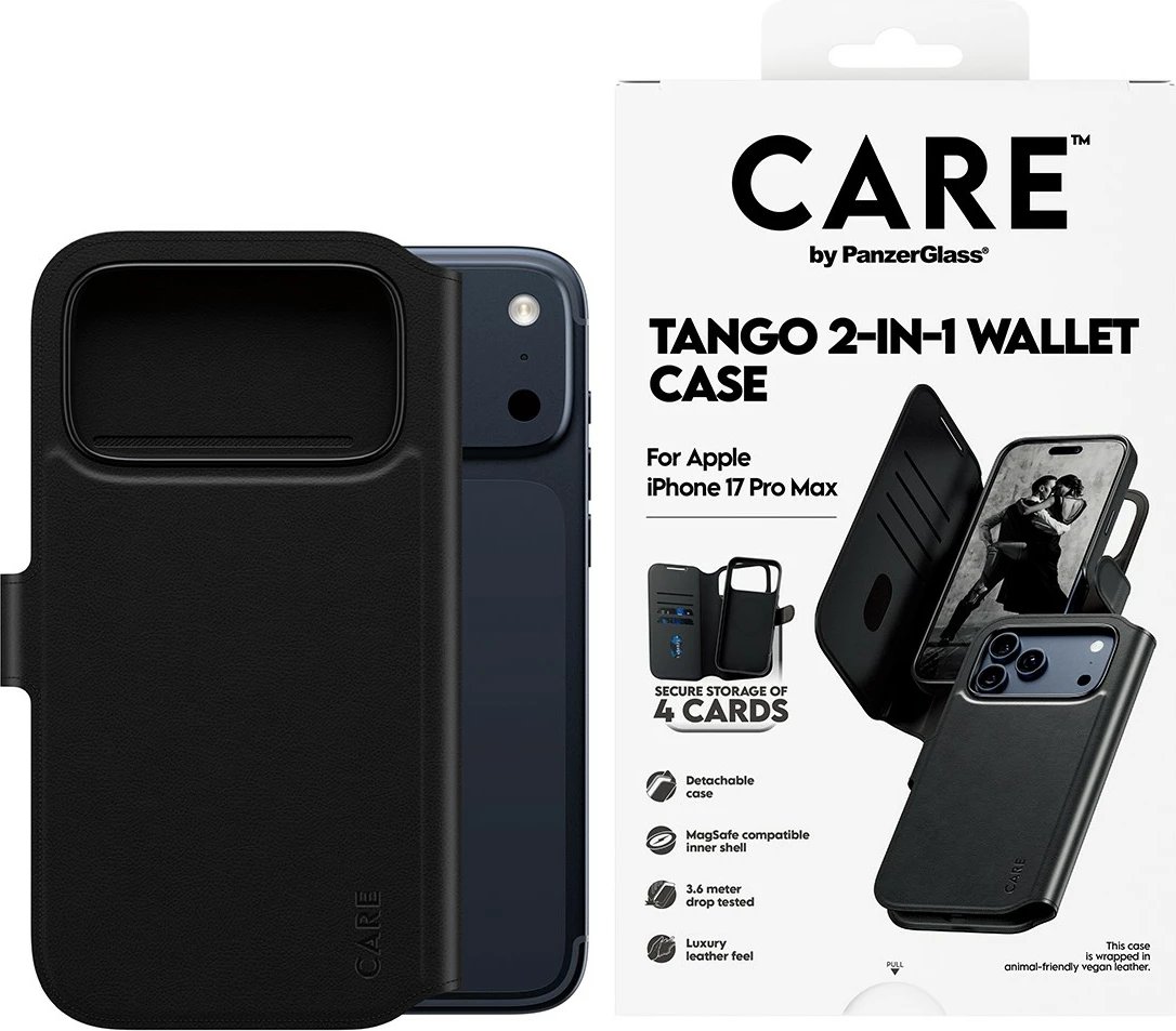 Mbështjellës PanzerGlass CARE Feature Case Tango 2in1 Wallet MagSafe për iPhone 17 Pro Max, i zi