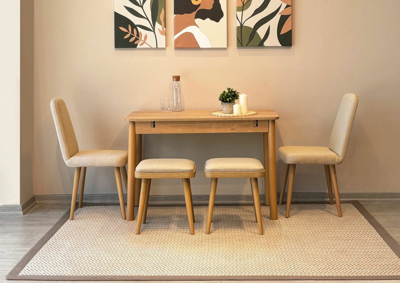 Set tavoline me karrige për ngrënie, zgjatës, 6 pjesë, Skye Decor, Vina Mini 03 1005, ngjyrë lis dhe krem