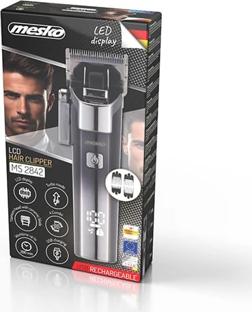 Makinë qethëse, Mesko, MS 2842, ekran LED, karikim USB‑C, IPX6, përdorim deri 200 min, 4 krehra