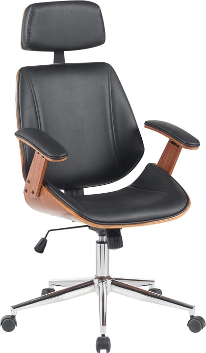 Karrige regjisori për zyre Fetseno, lëkurë PU e zezë, bazë kromi, 53x56x113.5-123.5cm