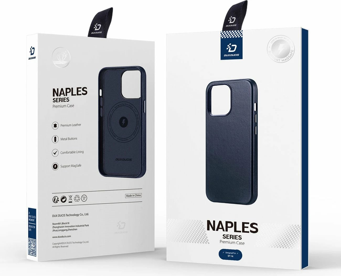 Mbështjellës Dux Ducis Naples për iPhone 14, MagSafe, lëkurë, kaltër