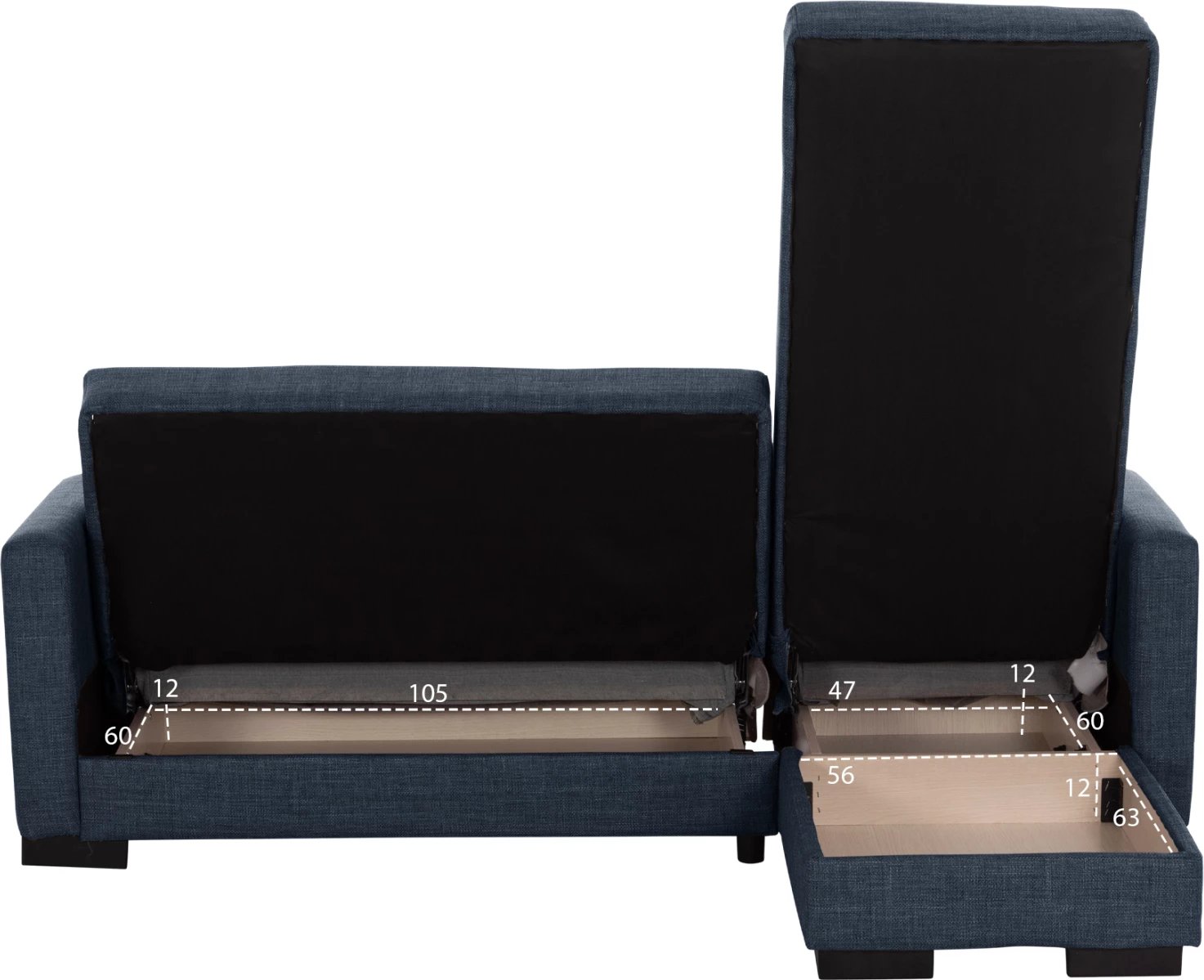 Divan qoshe me shtrat GHUFRAN FH3244.07, i kthyeshëm me hapësirë magazinimi, pëlhurë blu, 200x133x77 cm